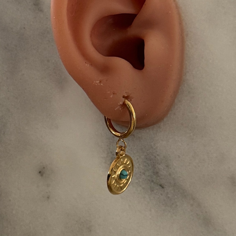 Gold Medallion Coin Evil Eye Pendant Turquoise Huggie Hoop Earrings Brand New - Picture 2 of 4